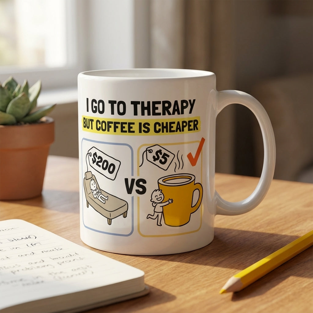I Go to Therapy but Coffee Is Cheaper Funny Coffee Mug