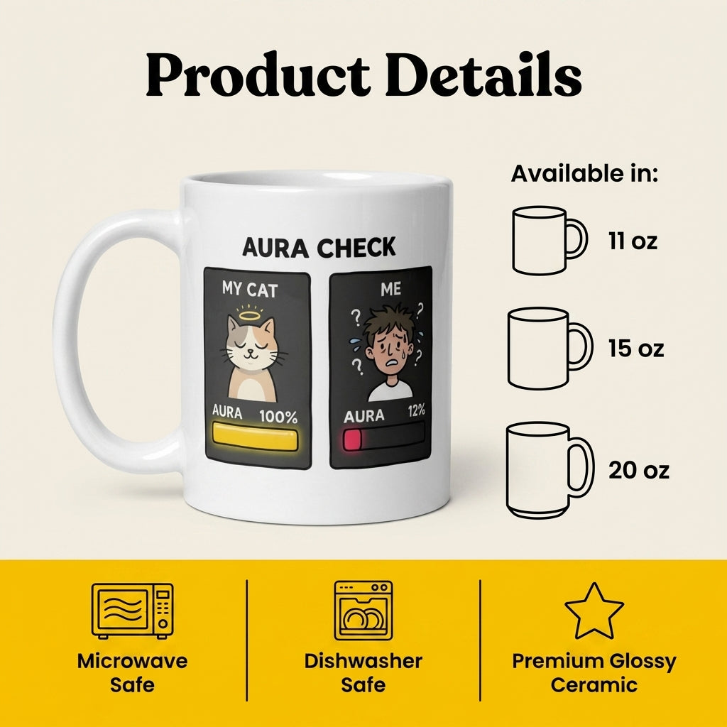 Aura Check Funny Cat Mug for Cat Lovers and Tired Humans