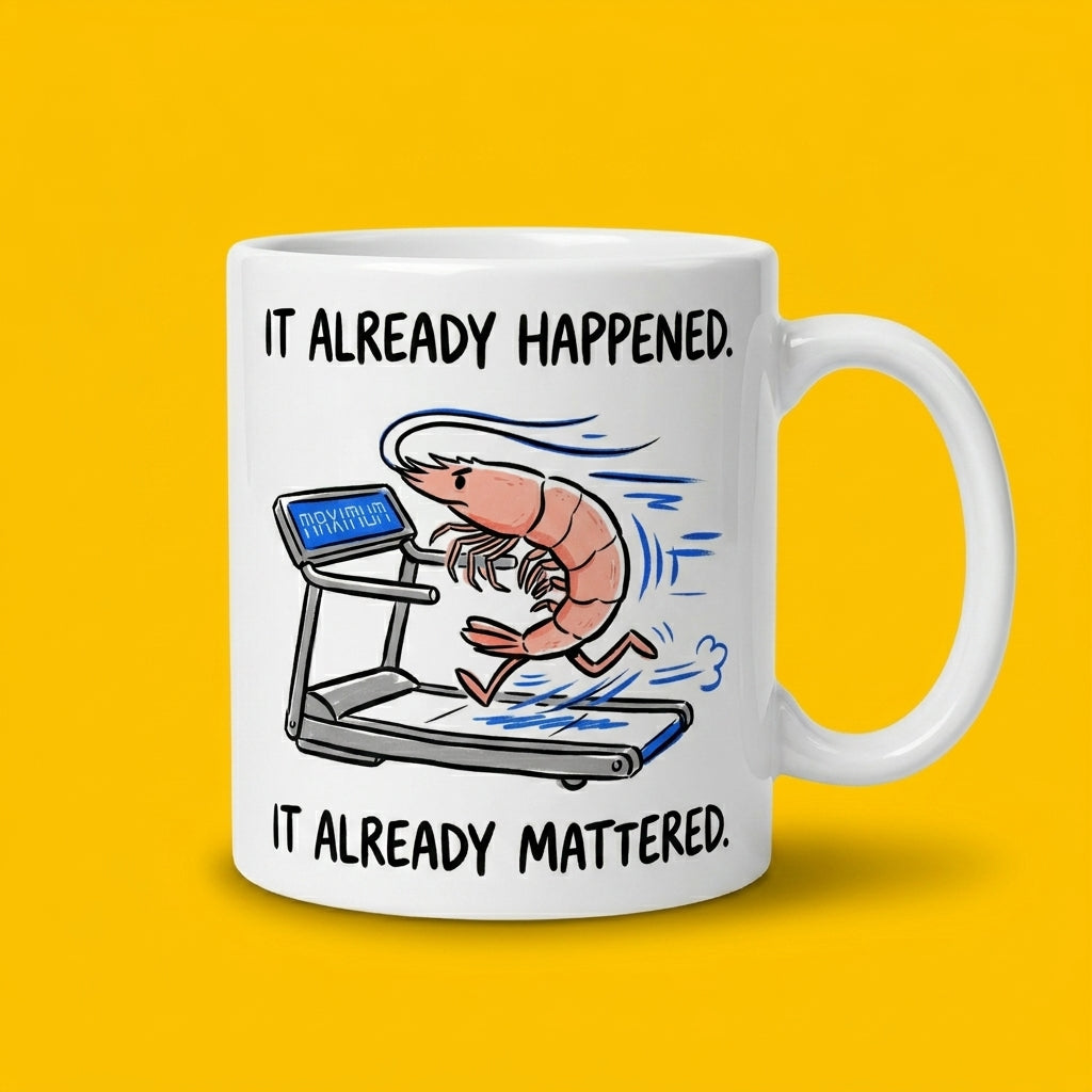 It Already Happened It Already Mattered Funny Shrimp Treadmill Mug