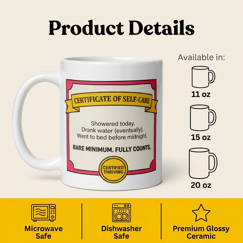 Certificate of Self Care Funny Self Care Mug Bare Minimum Counts