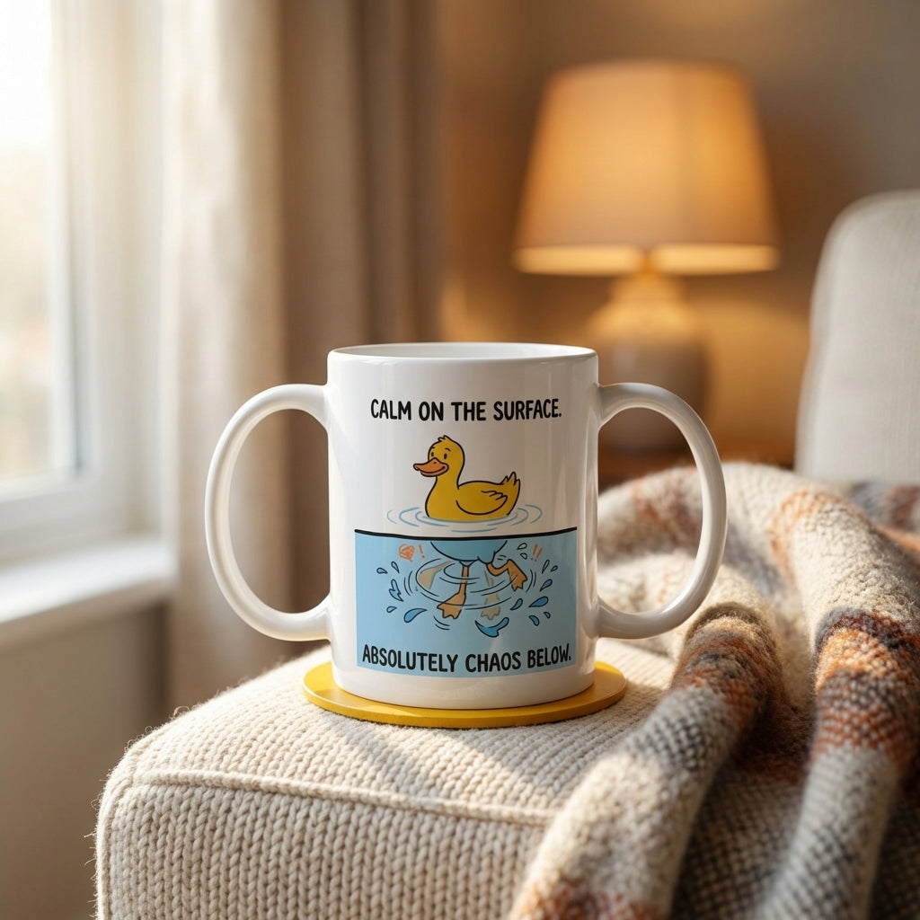 Calm on the Surface Absolutely Chaos Below Funny Duck Mug