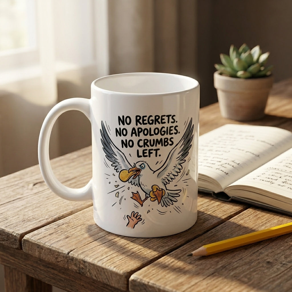 No Regrets No Apologies No Crumbs Left Funny Seagull Mug Gift