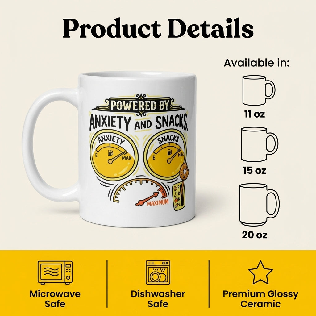 Powered by Anxiety and Snacks Funny Coffee Mug for Snack Lovers