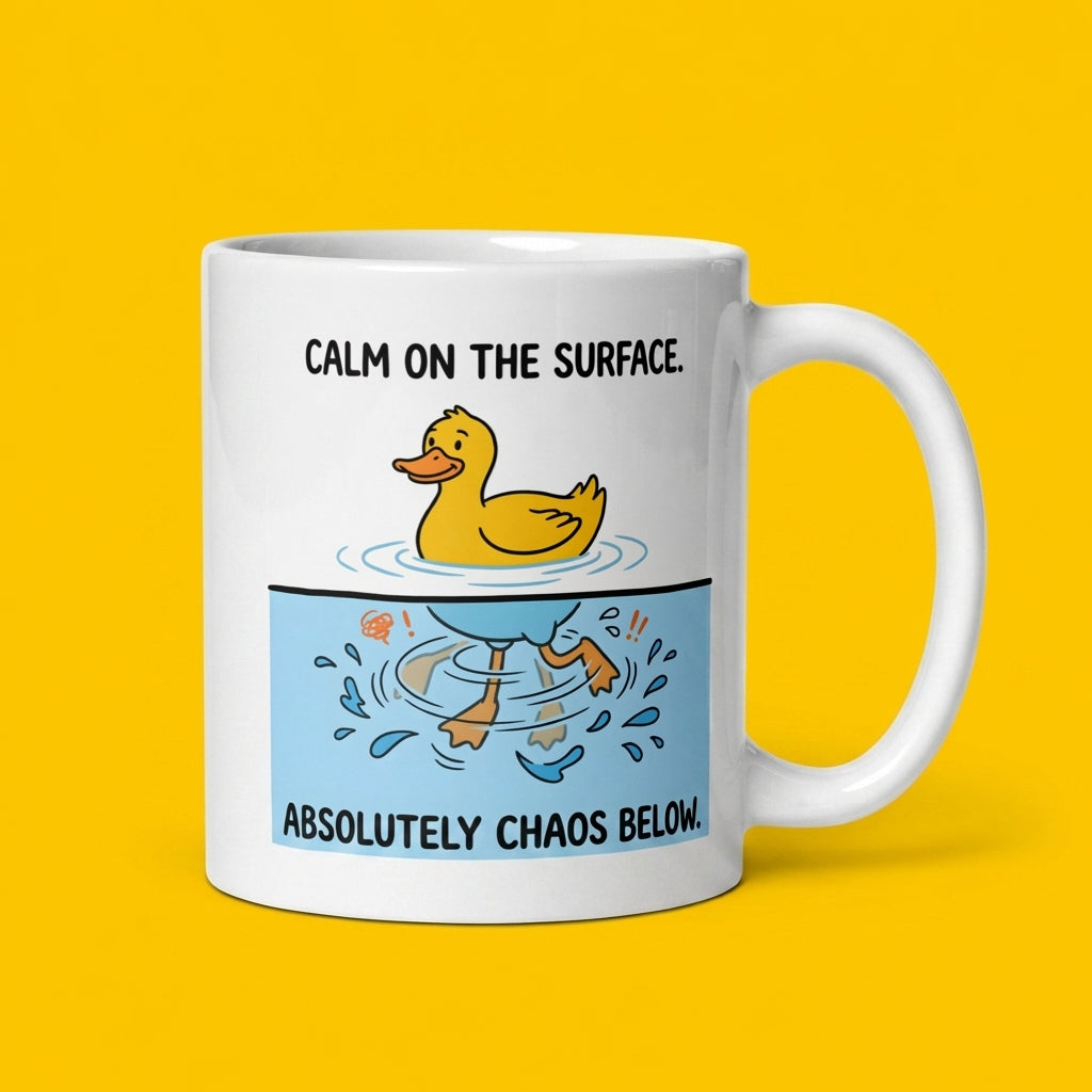 Calm on the Surface Absolutely Chaos Below Funny Duck Mug