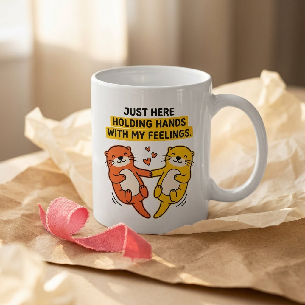 Just Here Holding Hands With My Feelings Funny Otter Mug
