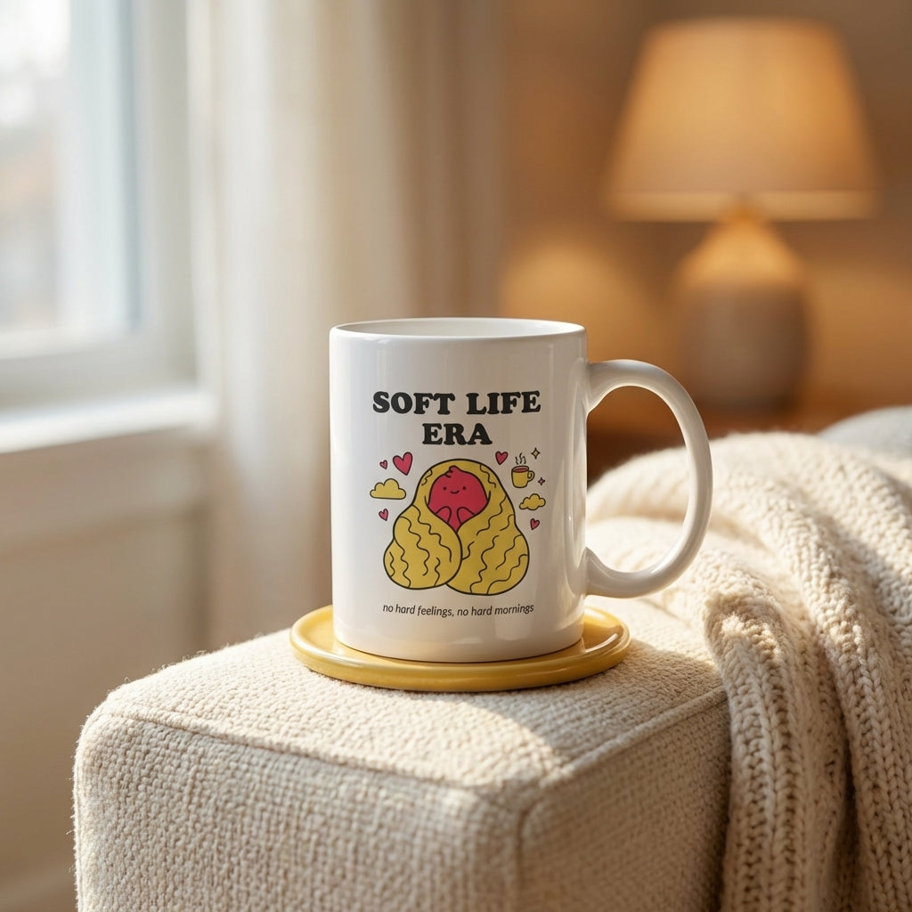 Soft Life Era Funny Cozy Coffee Mug for Slow Mornings