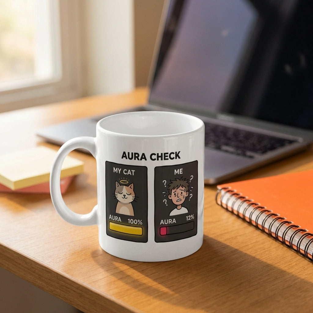 Aura Check Funny Cat Mug for Cat Lovers and Tired Humans
