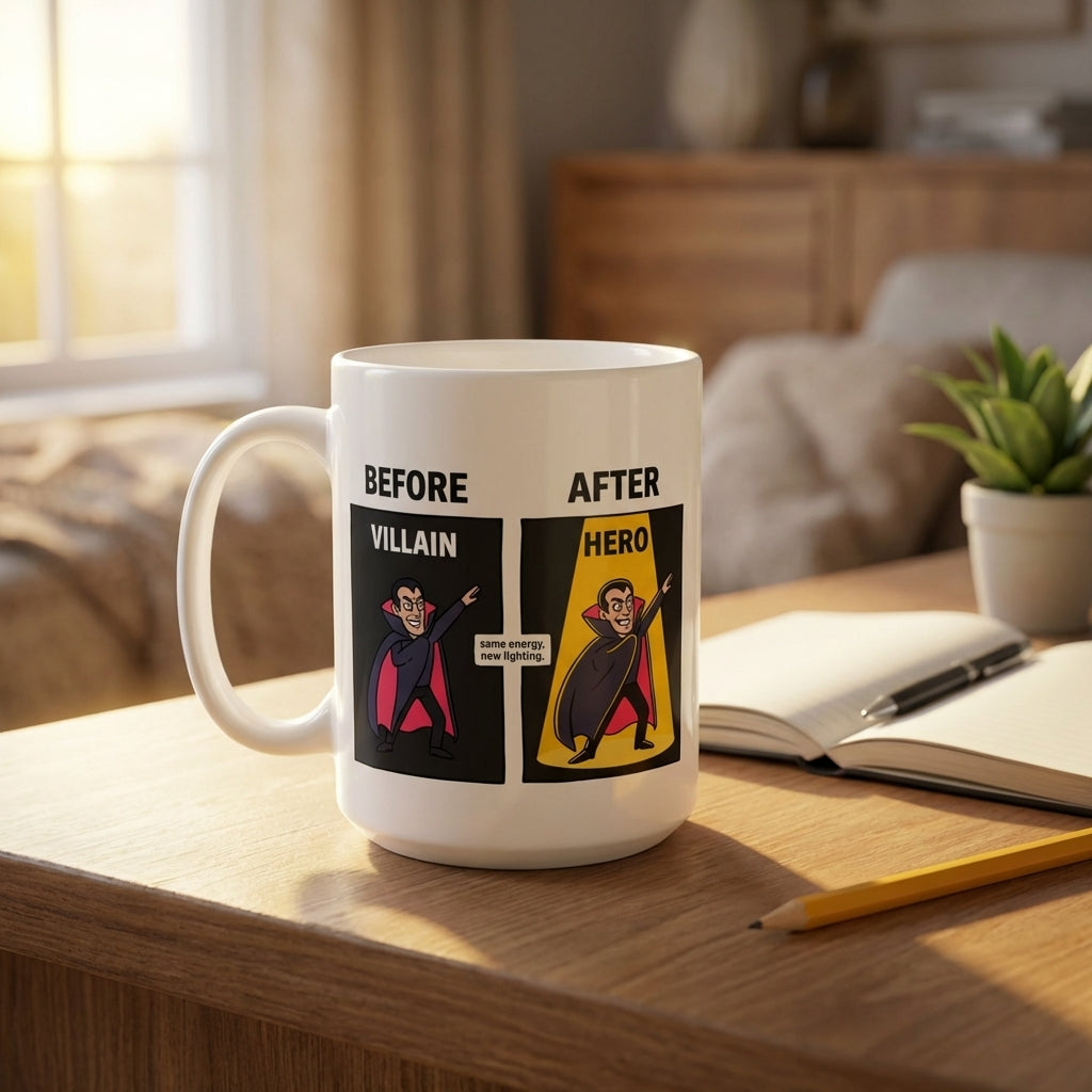 Before Villain After Hero Funny Mug Same Energy New Lighting