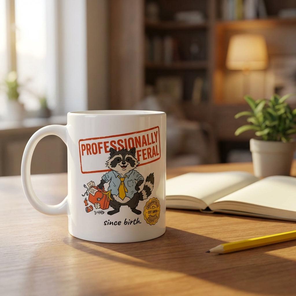 Professionally Feral Funny Raccoon Mug Cute Chaotic Coffee Cup