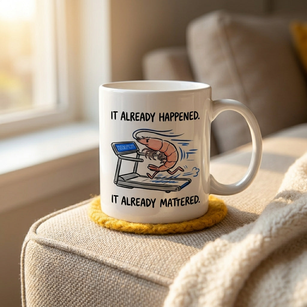 It Already Happened It Already Mattered Funny Shrimp Treadmill Mug