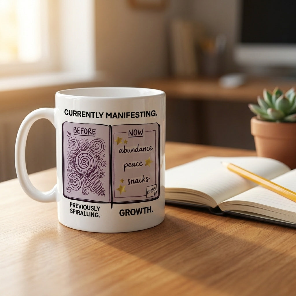 Currently Manifesting Growth Funny Wellness Mug Abundance Peace Snacks