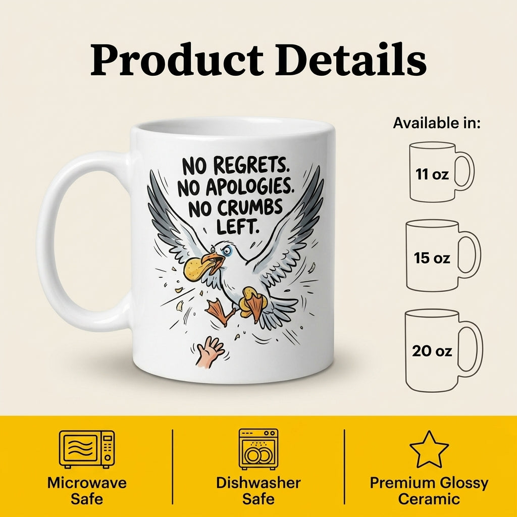No Regrets No Apologies No Crumbs Left Funny Seagull Mug Gift