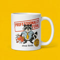 White mug with a raccoon illustration and text on a yellow background