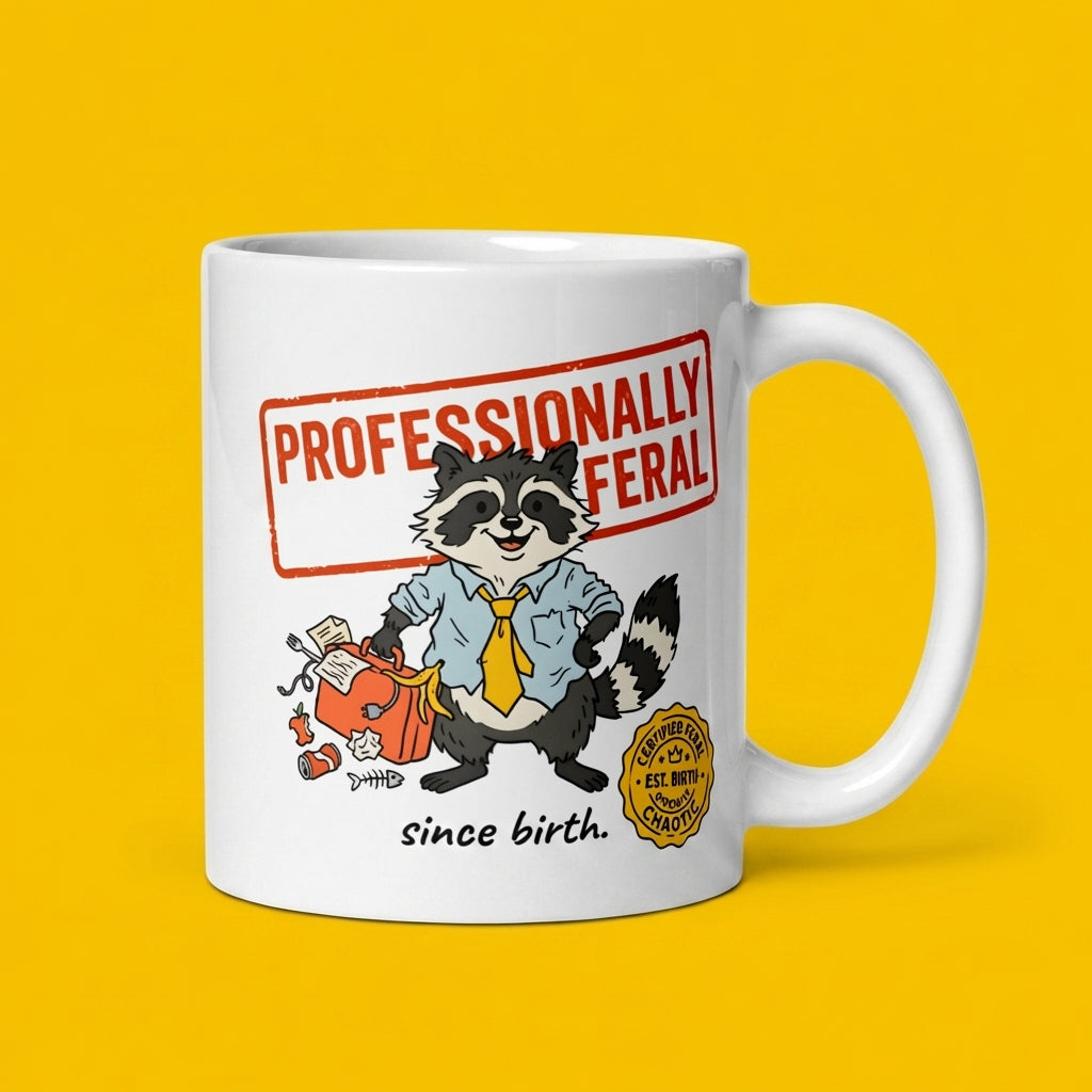White mug with a raccoon illustration and text on a yellow background