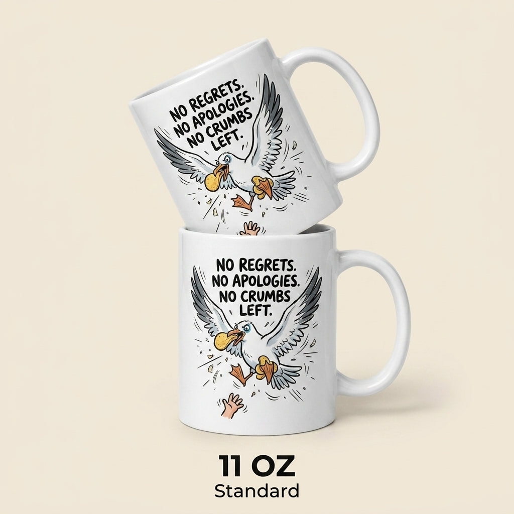 No Regrets No Apologies No Crumbs Left Funny Seagull Mug Gift