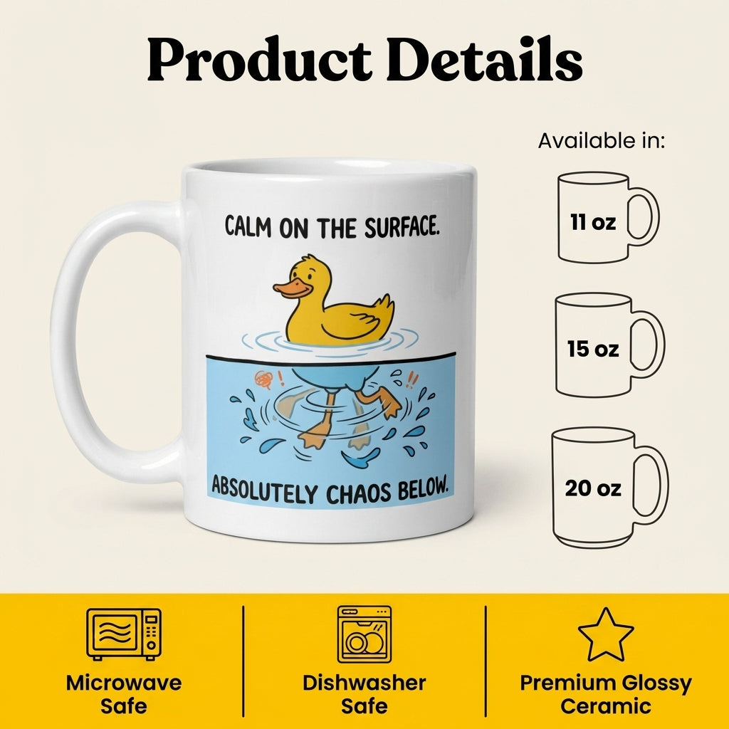 Calm on the Surface Absolutely Chaos Below Funny Duck Mug