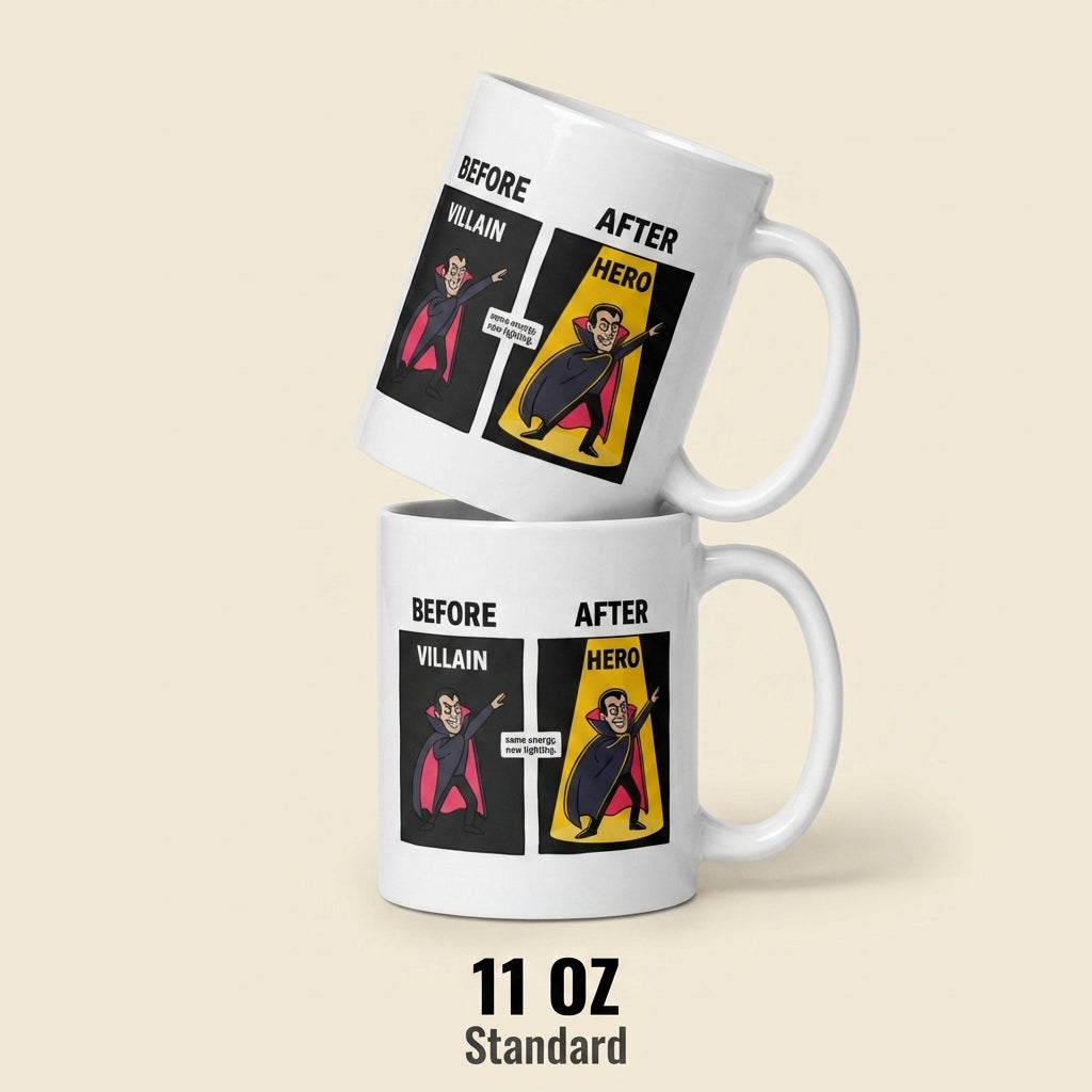 Before Villain After Hero Funny Mug Same Energy New Lighting
