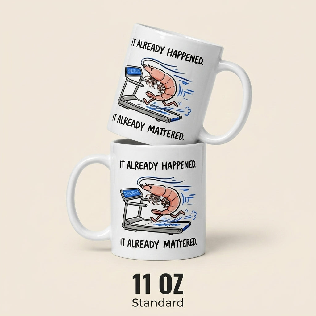 It Already Happened It Already Mattered Funny Shrimp Treadmill Mug