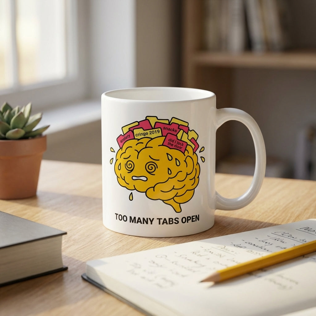 Too Many Tabs Open Funny Anxiety Mug for Overthinkers and Coworkers