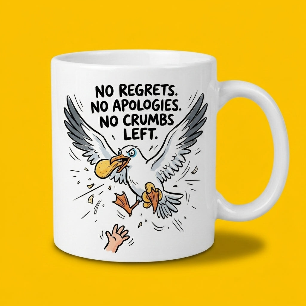 No Regrets No Apologies No Crumbs Left Funny Seagull Mug Gift