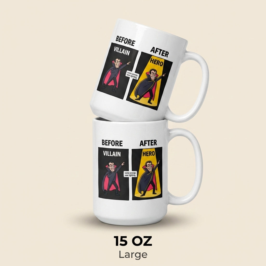 Before Villain After Hero Funny Mug Same Energy New Lighting
