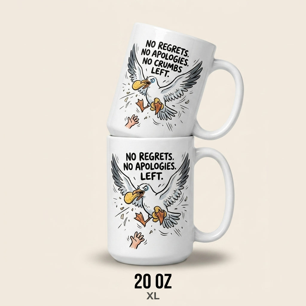 No Regrets No Apologies No Crumbs Left Funny Seagull Mug Gift