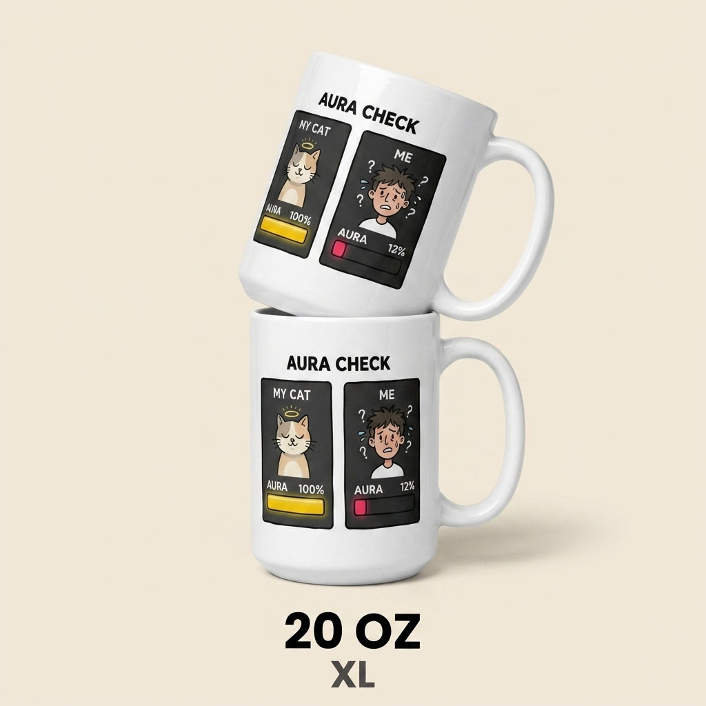 Aura Check Funny Cat Mug for Cat Lovers and Tired Humans