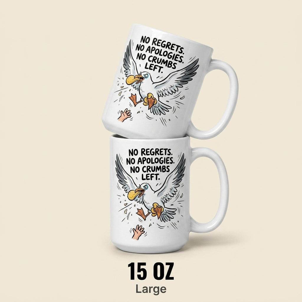 No Regrets No Apologies No Crumbs Left Funny Seagull Mug Gift
