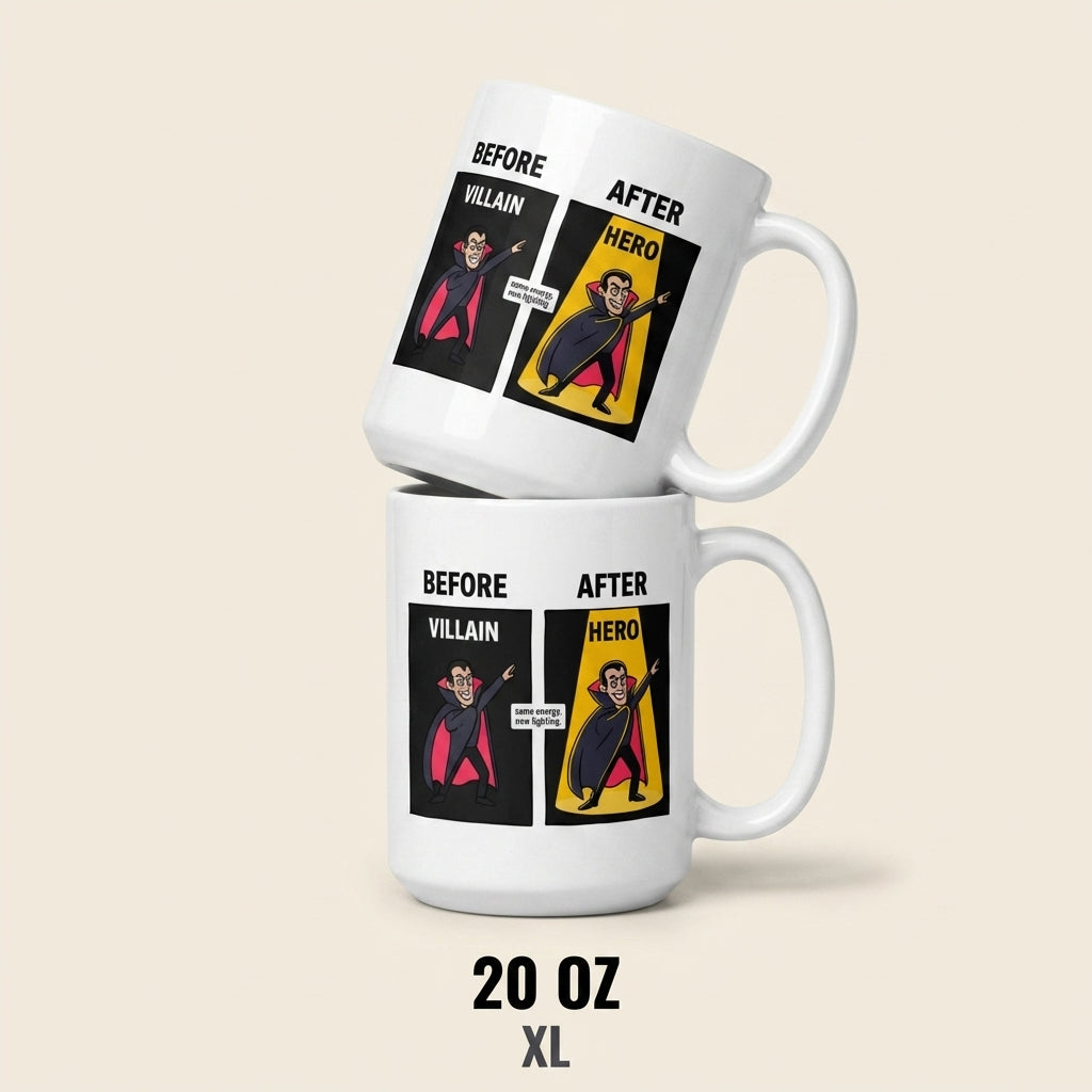 Before Villain After Hero Funny Mug Same Energy New Lighting