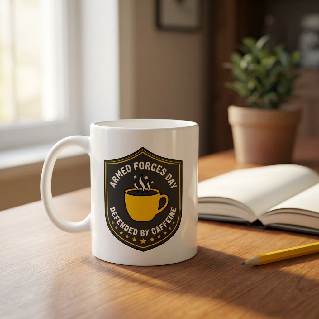 Armed Forces Day Mug Defended by Caffeine Funny Military Coffee Cup Veteran Gift