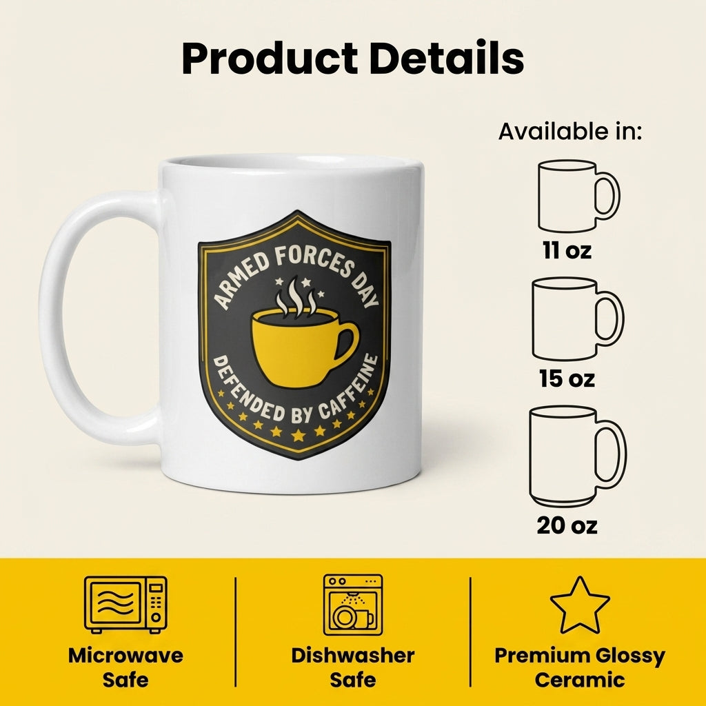 Armed Forces Day Mug Defended by Caffeine Funny Military Coffee Cup Veteran Gift