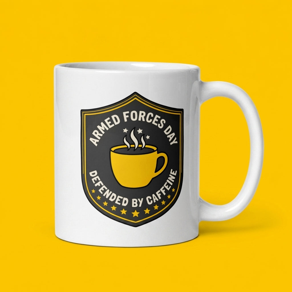 Armed Forces Day Mug Defended by Caffeine Funny Military Coffee Cup Veteran Gift